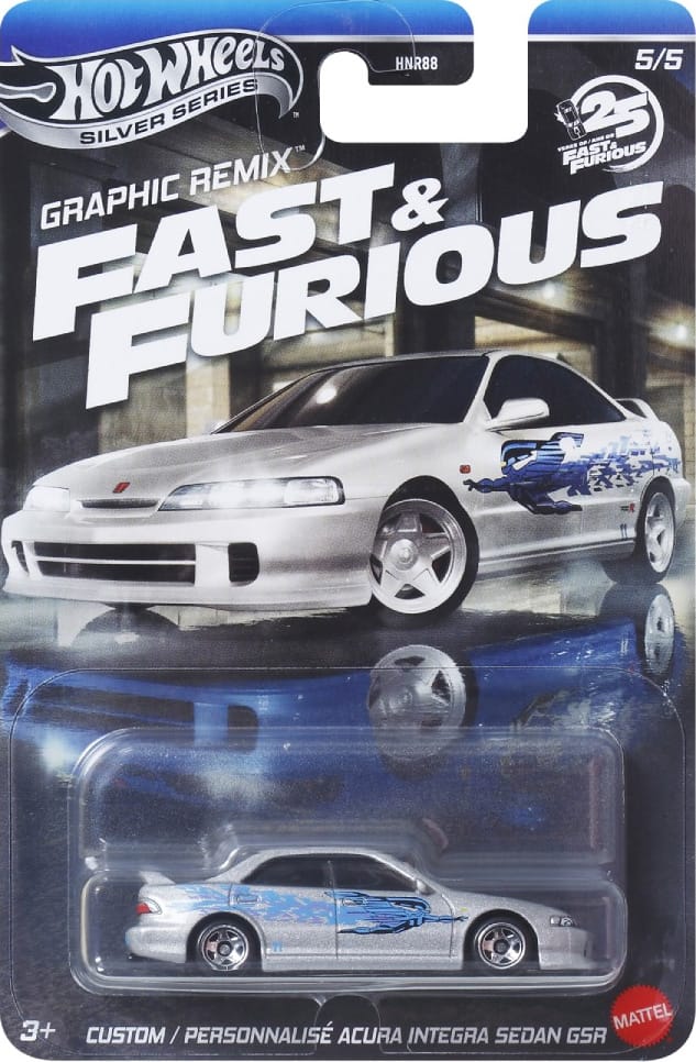 Hot Wheels Custom Acura Integra Sedan GSR with detailed body kit and urban graphics from the Silver Line Fast & Furious Graphic Remix collection.