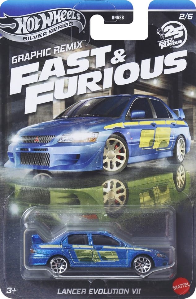 Hot Wheels Mitsubishi Lancer Evolution VII with new vibrant graphics from the Silver Line Fast & Furious Graphic Remix collection.