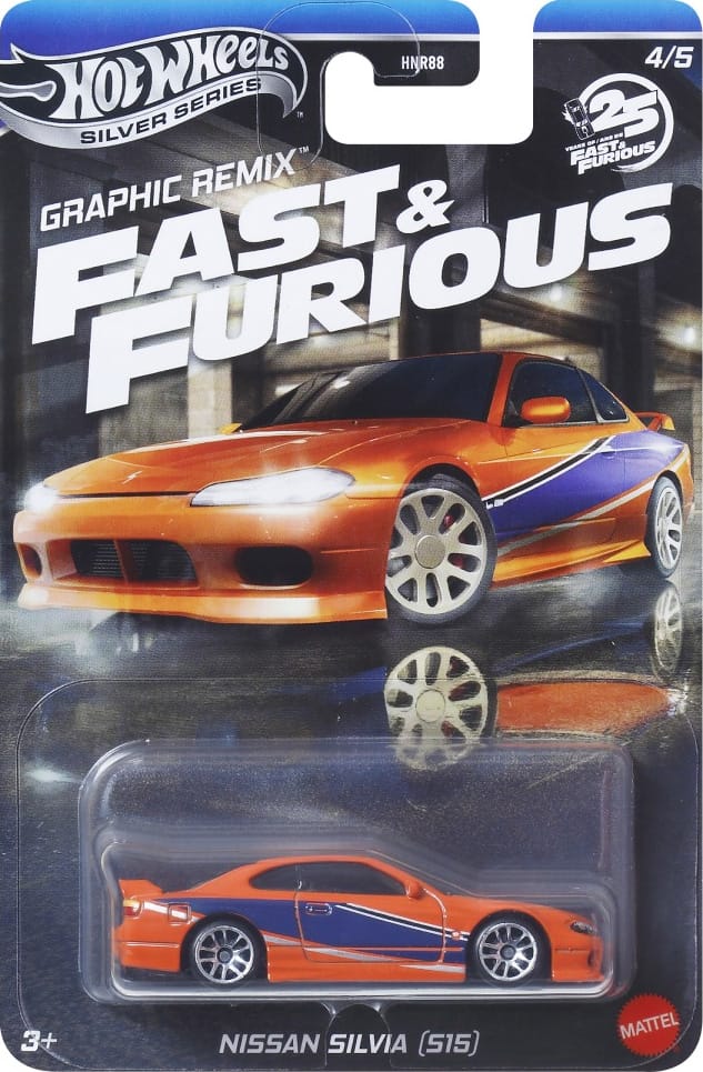Hot Wheels Nissan Silvia S15 drift car in colorful modern livery from the Silver Line Fast & Furious Graphic Remix set.