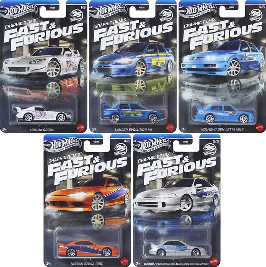 Hot Wheels Silver Line Fast & Furious Graphic Remix 5-car set featuring Honda S2000, Lancer Evolution VII, Volkswagen Jetta MK3, Nissan Silvia S15, and Custom Acura Integra Sedan GSR.