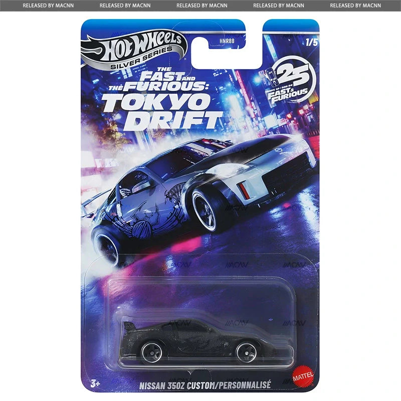 Hot Wheels Nissan 350Z Custom Tokyo Drift edition with movie-inspired livery and drift-ready styling.