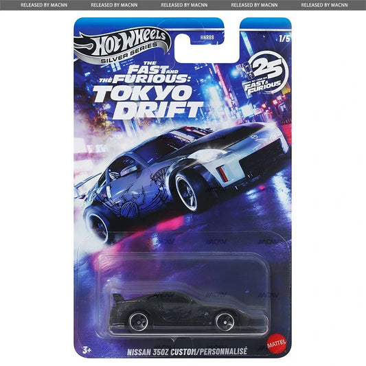 Hot Wheels Nissan 350Z Custom Tokyo Drift edition with movie-inspired livery and drift-ready styling.