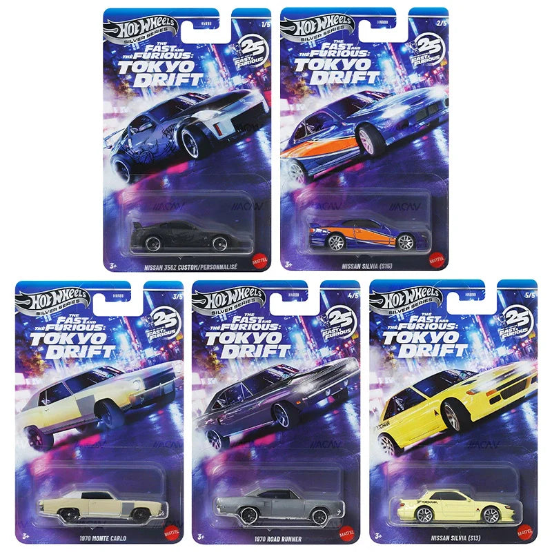 Hot Wheels Fast & Furious Tokyo Drift 5-car set including Nissan 350Z Custom, Nissan Silvia S15, 1970 Monte Carlo, 1970 Road Runner, and Nissan Silvia S13.