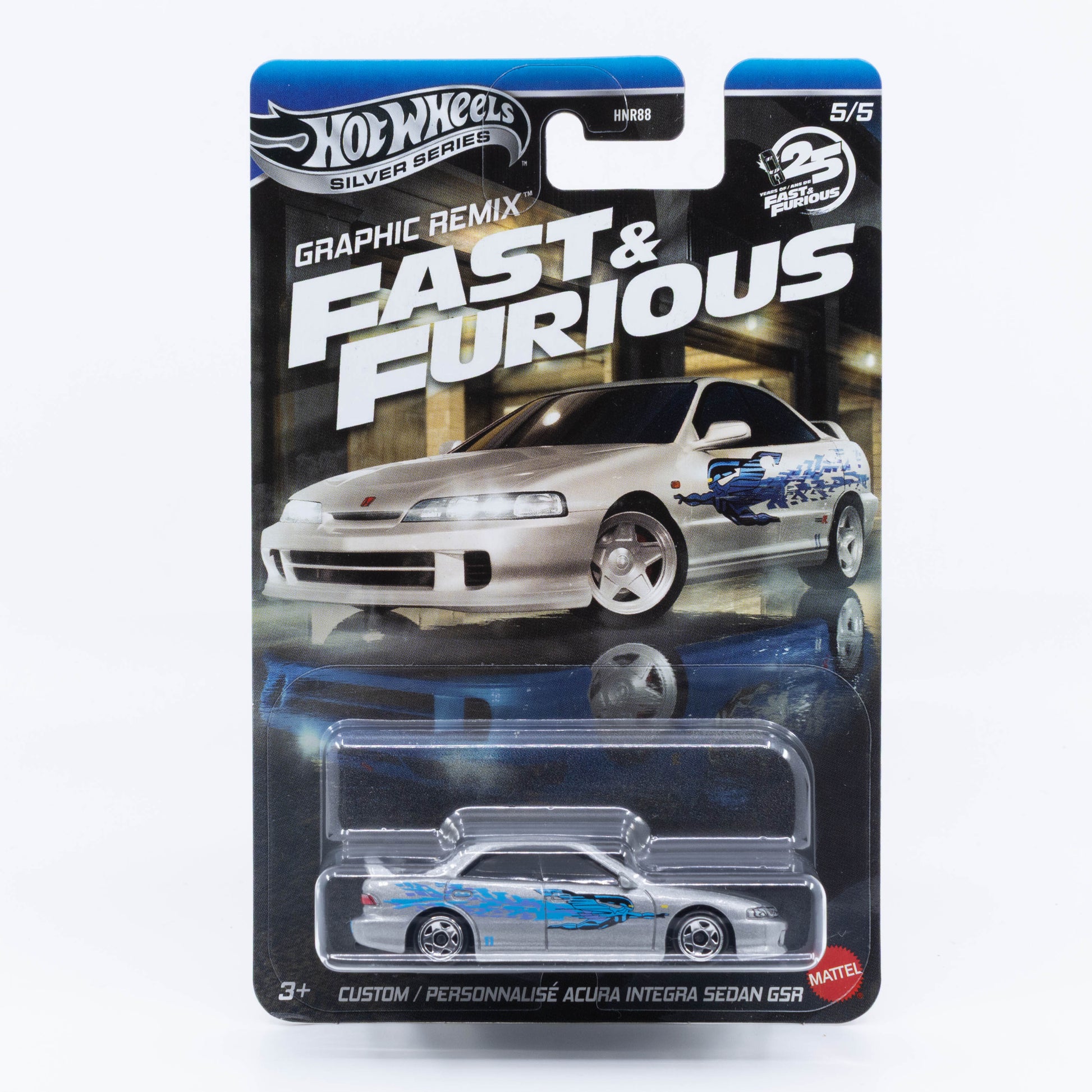 1:64 Hot Wheels Custom Acura Integra GSR Fast & Furious Graphic Remix – inverted Mia livery die-cast car.