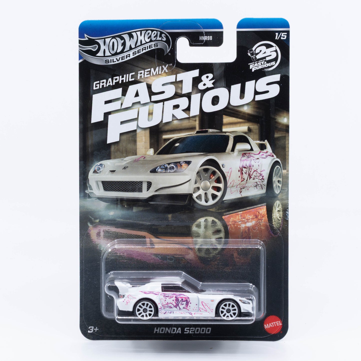 1:64 Hot Wheels Honda S2000 Fast & Furious Graphic Remix – inverted Suki livery die-cast car.