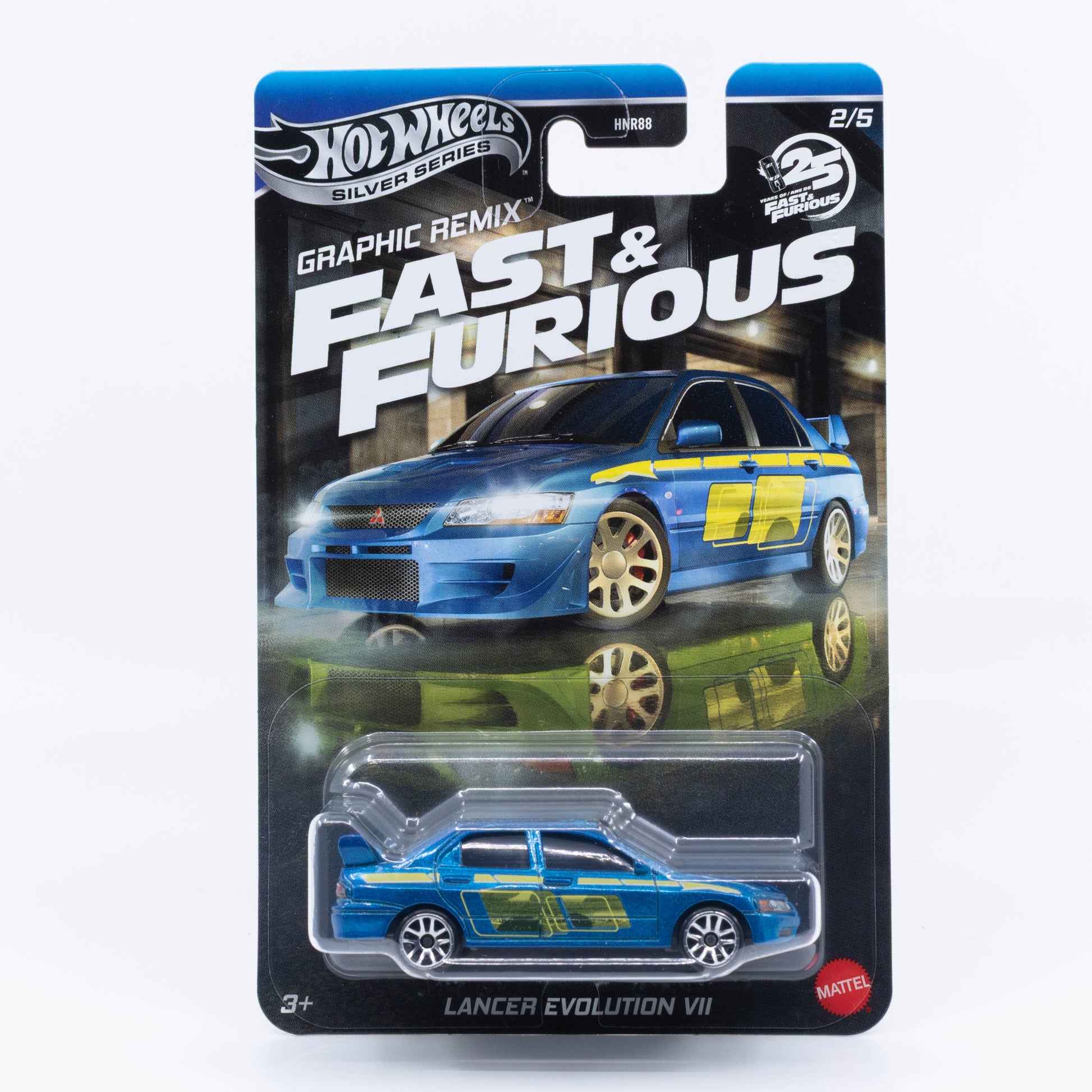 1:64 Hot Wheels Mitsubishi Lancer Evolution VII Fast & Furious Graphic Remix – inverted Brian livery die-cast.