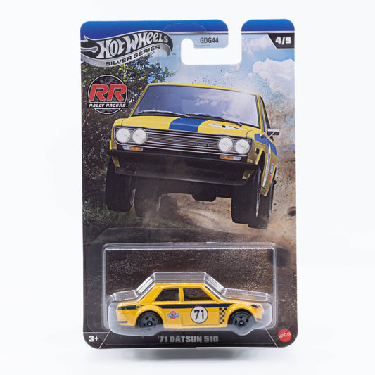 Hot Wheels 1:64 1971 Datsun 510 rally car Silver Line rally racers diecast model