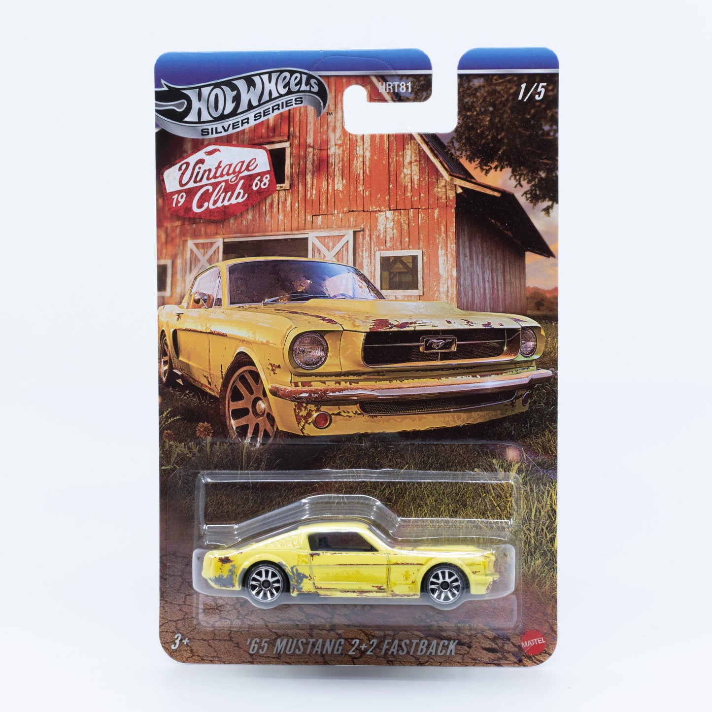 1:64 Hot Wheels ’65 Mustang 2+2 Fastback Yellow – Vintage Club die-cast classic muscle car.