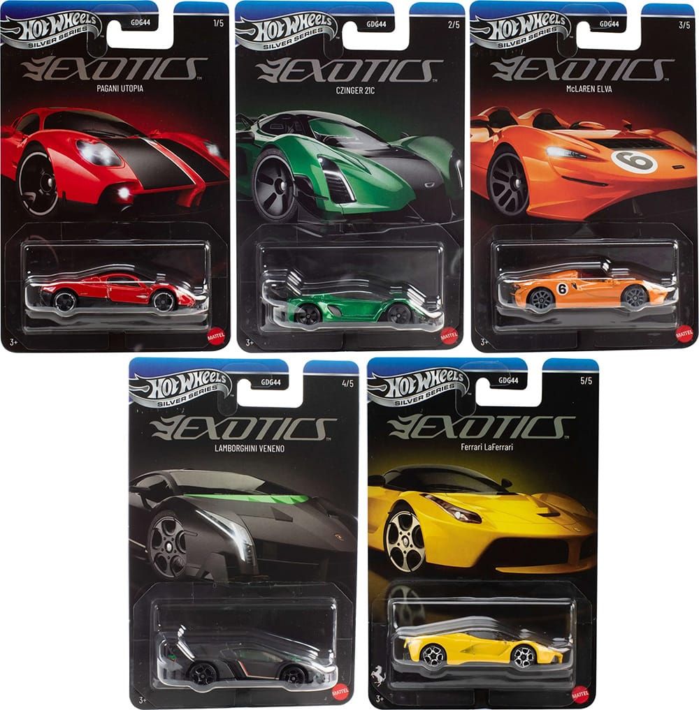 Hot Wheels Silver Series Exotic Envy featuring five modern hypercars and exotic supercars.