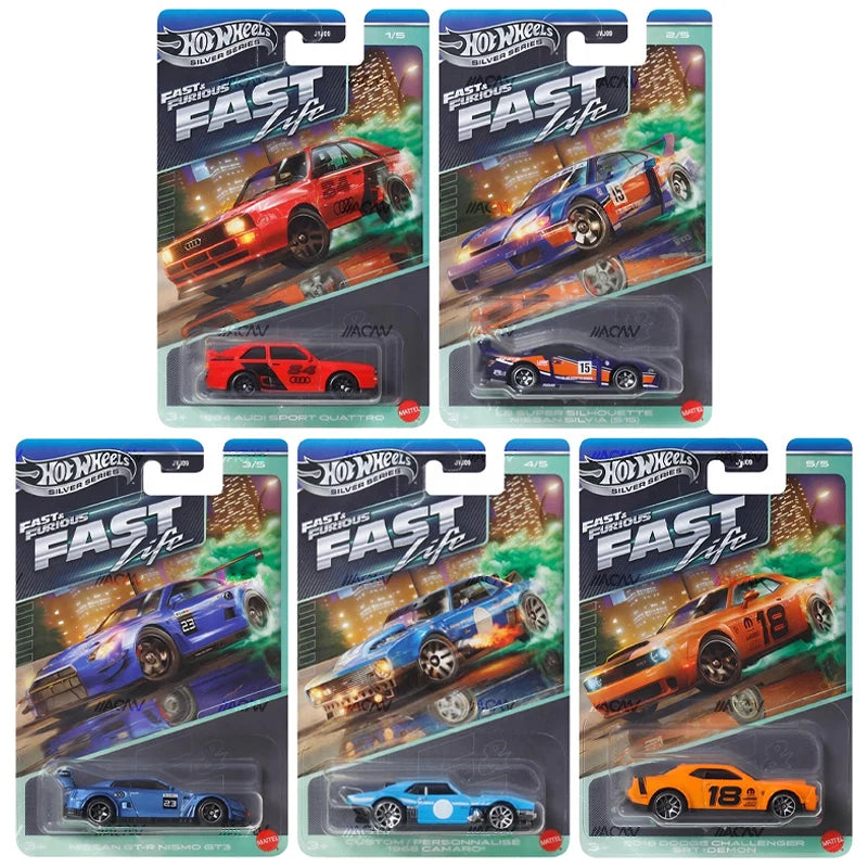 Hot Wheels Silver Series Fast and Furious Fast Life five-car set with Audi Sport quattro, Nissan Silvia S15, GT-R NISMO GT3, Camaro and Challenger Demon