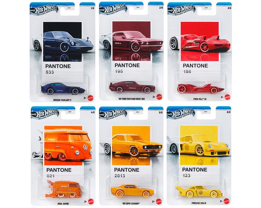 Hot Wheels Silver Series Pantone full set 1:64 scale die-cast cars including Porsche 934/5 Chase.