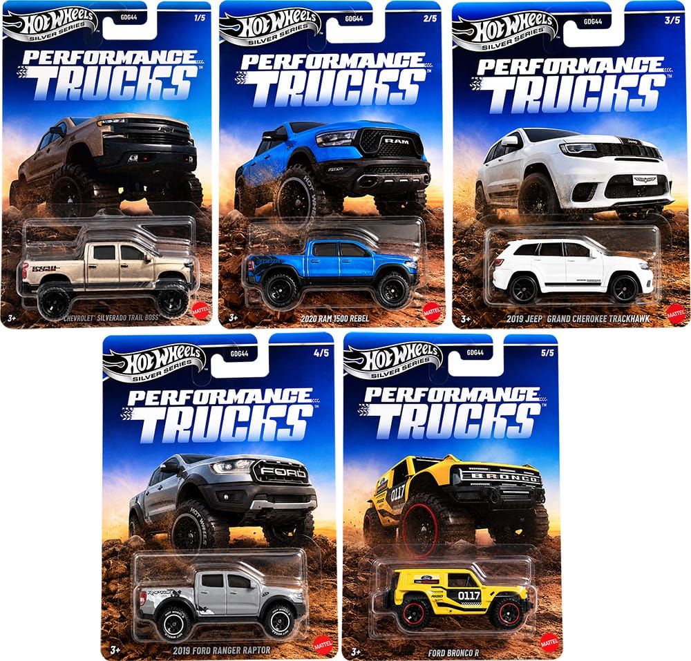 Hot Wheels Silver Series Performance Trucks set featuring five modern performance trucks and SUVs.