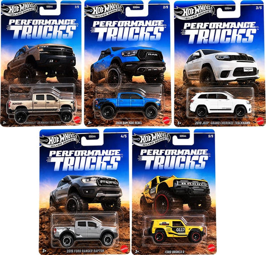 Hot Wheels Silver Series Performance Trucks set featuring five modern performance trucks and SUVs.