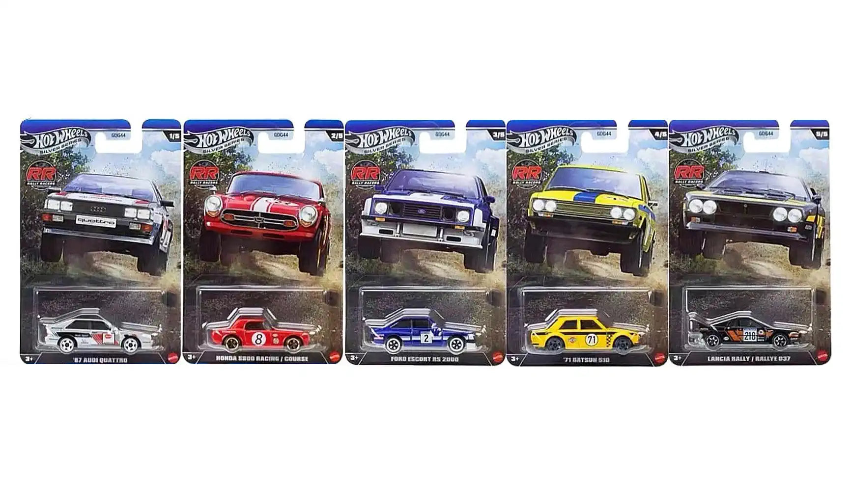 Hot Wheels Silver Series Rally Racers full set including Audi Quattro, Escort RS, Datsun 510 and Lancia 037.