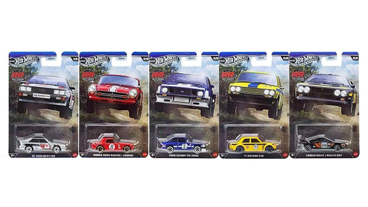 Hot Wheels Silver Series Rally Racers full set including Audi Quattro, Escort RS, Datsun 510 and Lancia 037.
