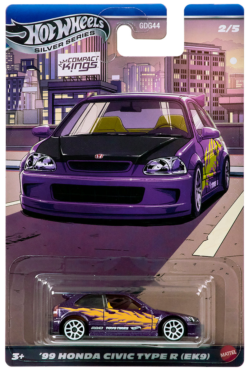 Hot Wheels Silver Series Compact Kings ’99 Honda Civic Type R EK9 1:64 scale JDM performance die-cast car.