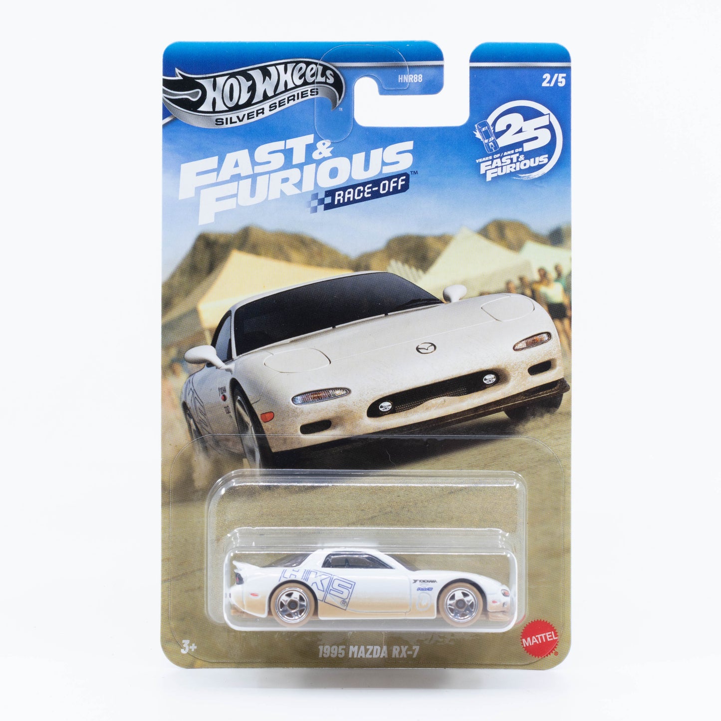 Hot Wheels 1995 Mazda RX-7 from the Fast & Furious Race-Off series with desert weathering.