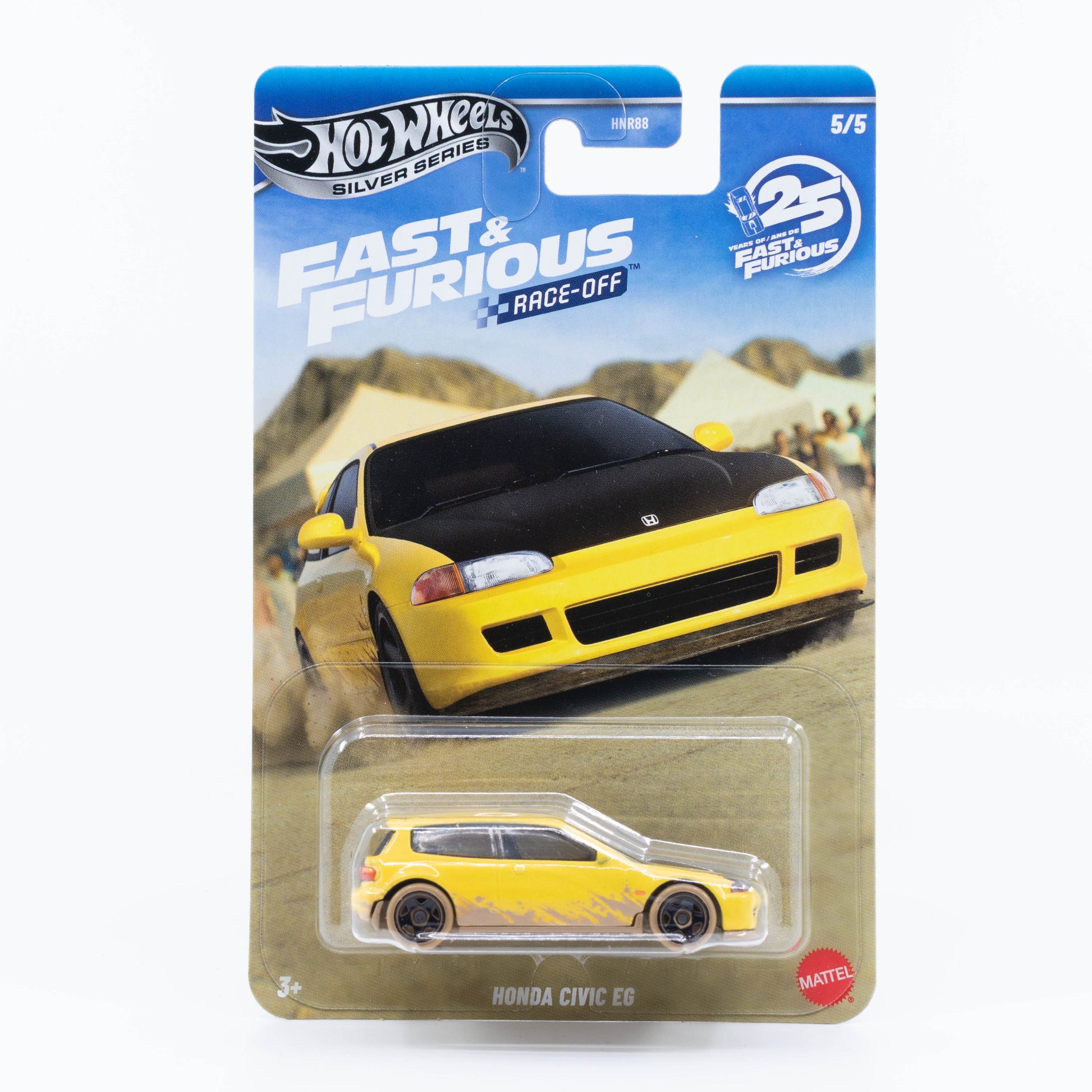 Hot Wheels Honda Civic hatchback in yellow from the Fast & Furious Race-Off series with Race Wars desert weathering.