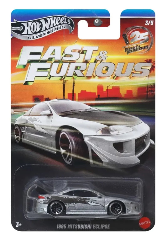 Hot Wheels Silver Series 1995 Mitsubishi Eclipse in silver with black and white graphics, Fast and Furious 1:64 diecast