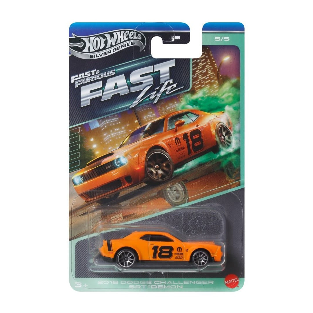 Hot Wheels Silver Series Fast and Furious Fast Life five-car set with Audi Sport quattro, Nissan Silvia S15, GT-R NISMO GT3, Camaro and Challenger Demon