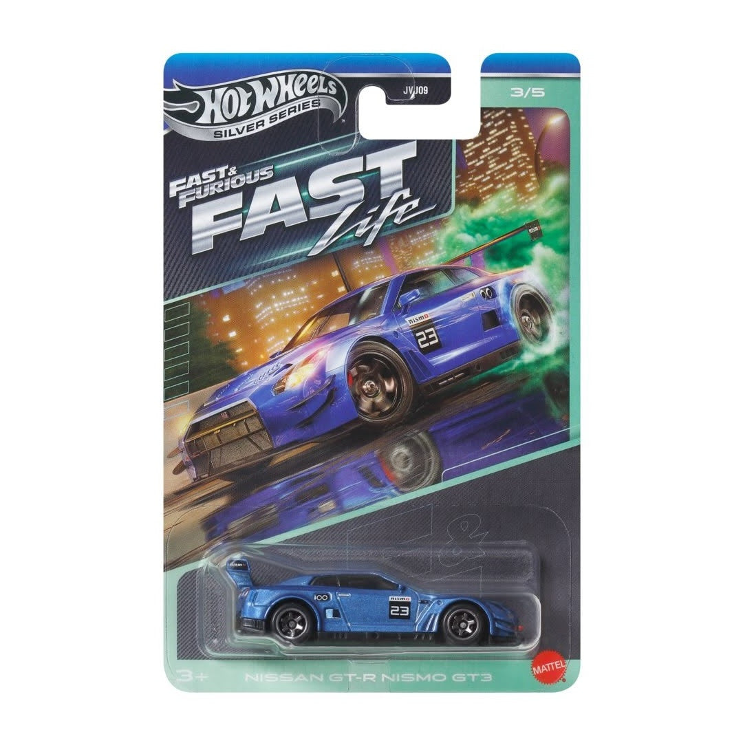 Hot Wheels Silver Series Fast and Furious Fast Life five-car set with Audi Sport quattro, Nissan Silvia S15, GT-R NISMO GT3, Camaro and Challenger Demon