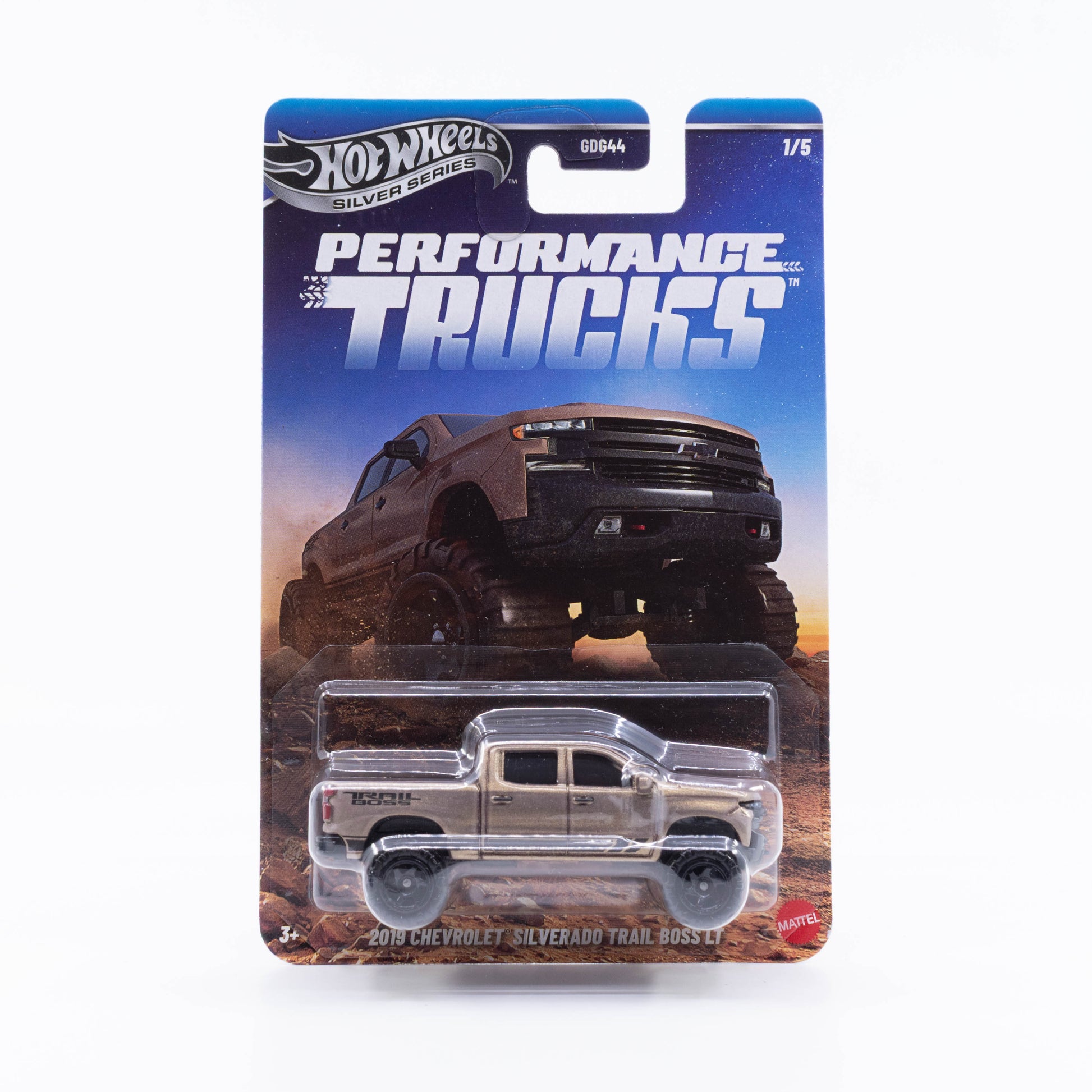 Hot Wheels Performance Trucks Silver Series 2019 Chevrolet Silverado Trail Boss off-road pickup.