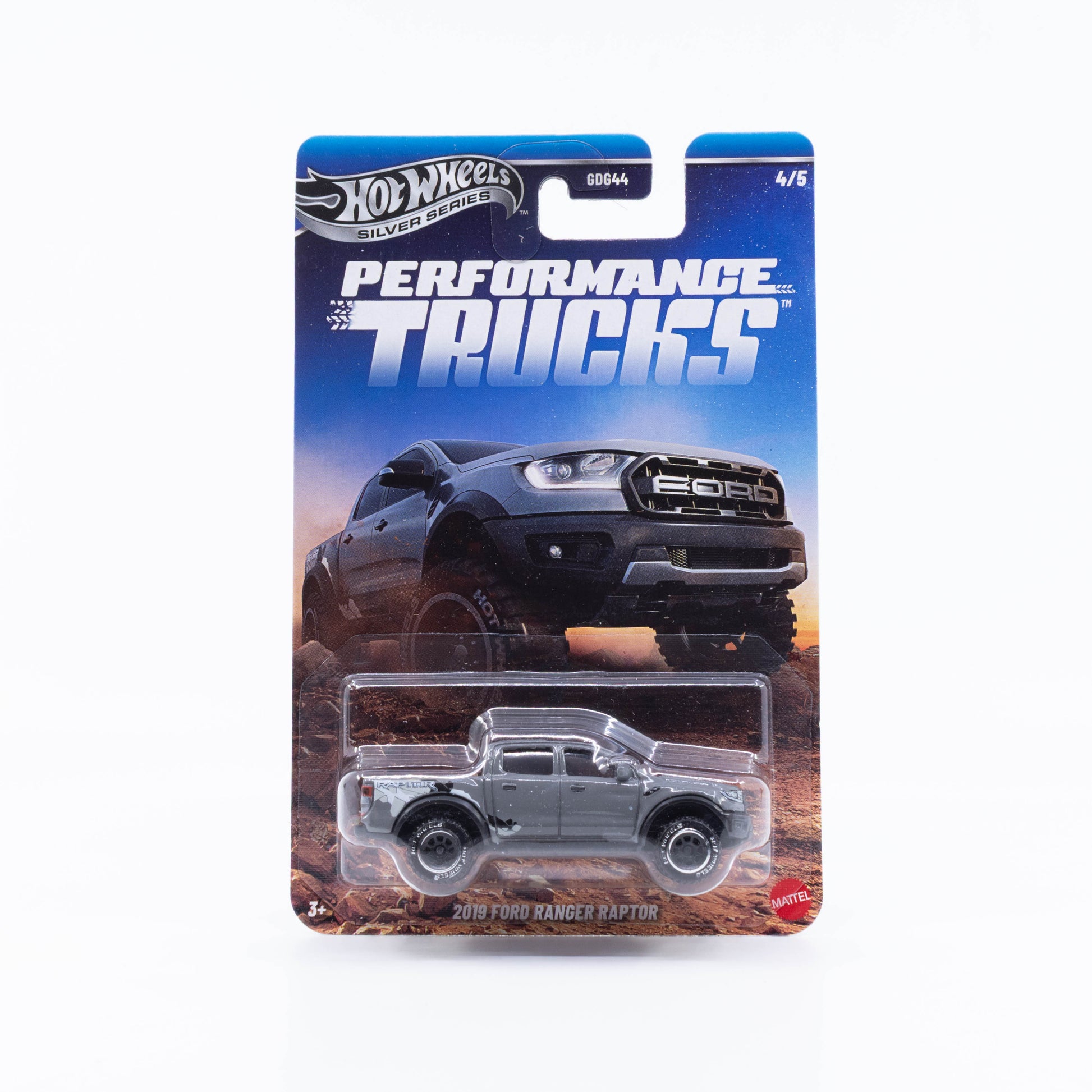 Hot Wheels Performance Trucks Silver Series 2019 Ford Ranger Raptor high-performance off-road pickup.