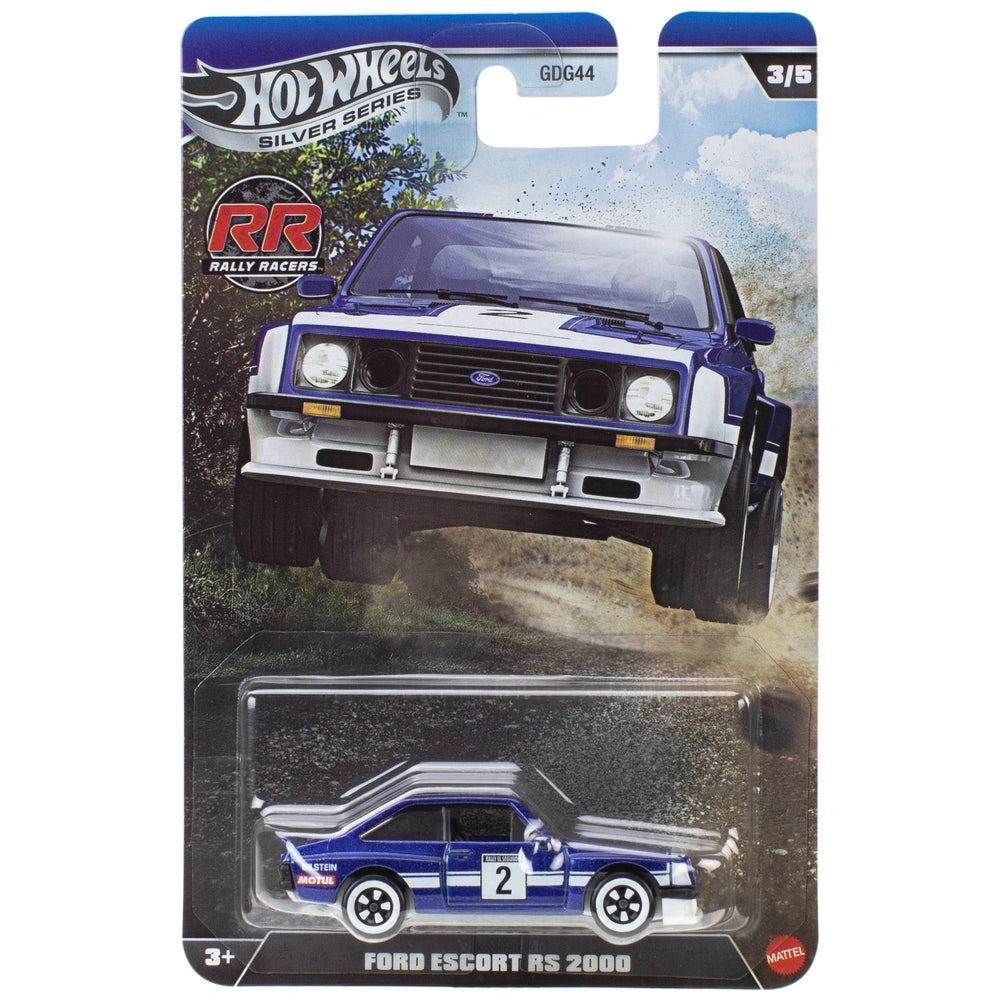 Hot Wheels Silver Series Rally Racers Ford Escort RS 2000 1:64 scale historic rally car model.