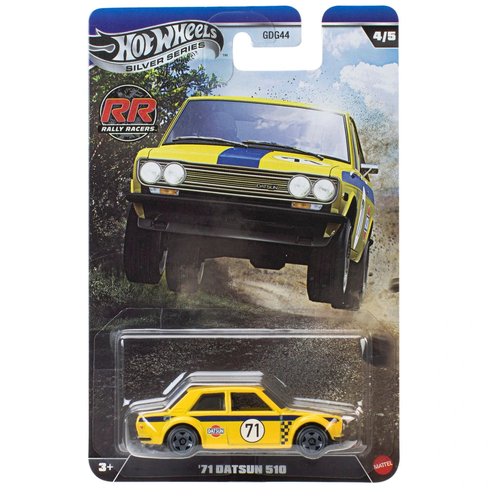 Hot Wheels Silver Series Rally Racers ’71 Datsun 510 1:64 scale vintage rally die-cast model.