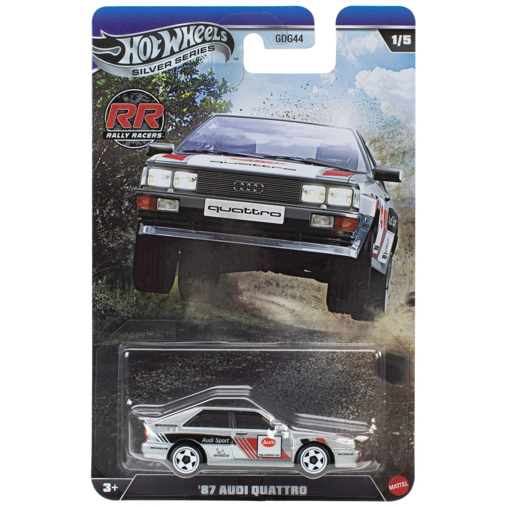 Hot Wheels Silver Series Rally Racers ’87 Audi Quattro 1:64 scale rally car die-cast model.