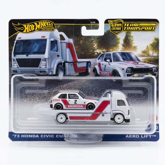 Hot Wheels Team Transport ’73 Honda Civic Custom with Aero Lift hauler 1:64 scale set