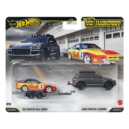 Hot Wheels Team Transport 2026 Mix 4 No. 95 set with an '89 Porsche 944 Turbo, new-casting 2008 Porsche Cayenne, and HW Rally Trailer.