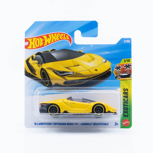 Hot Wheels 1:64 ’16 Lamborghini Centenario Roadster yellow basic die-cast supercar.