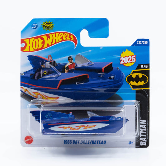 Hot Wheels 1966 Bat Boat diecast model in 1:64 scale with Batman-themed design and detailed sculpting