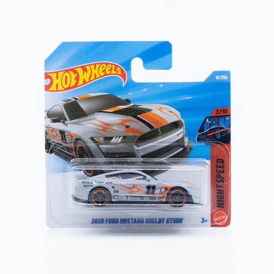 Hot Wheels 1:64 2020 Ford Mustang Shelby GT500 light grey with flame graphics and number 11.