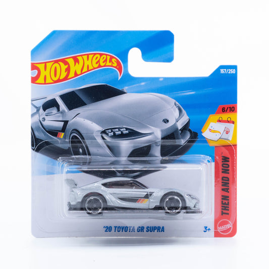 Hot Wheels 2020 Toyota GR Supra silver diecast model, front angle view