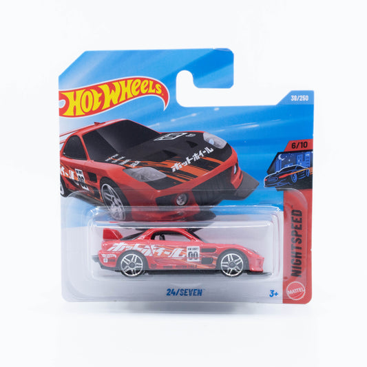 Hot Wheels 1:64 24/Seven red street-style fantasy car with Japanese characters.
