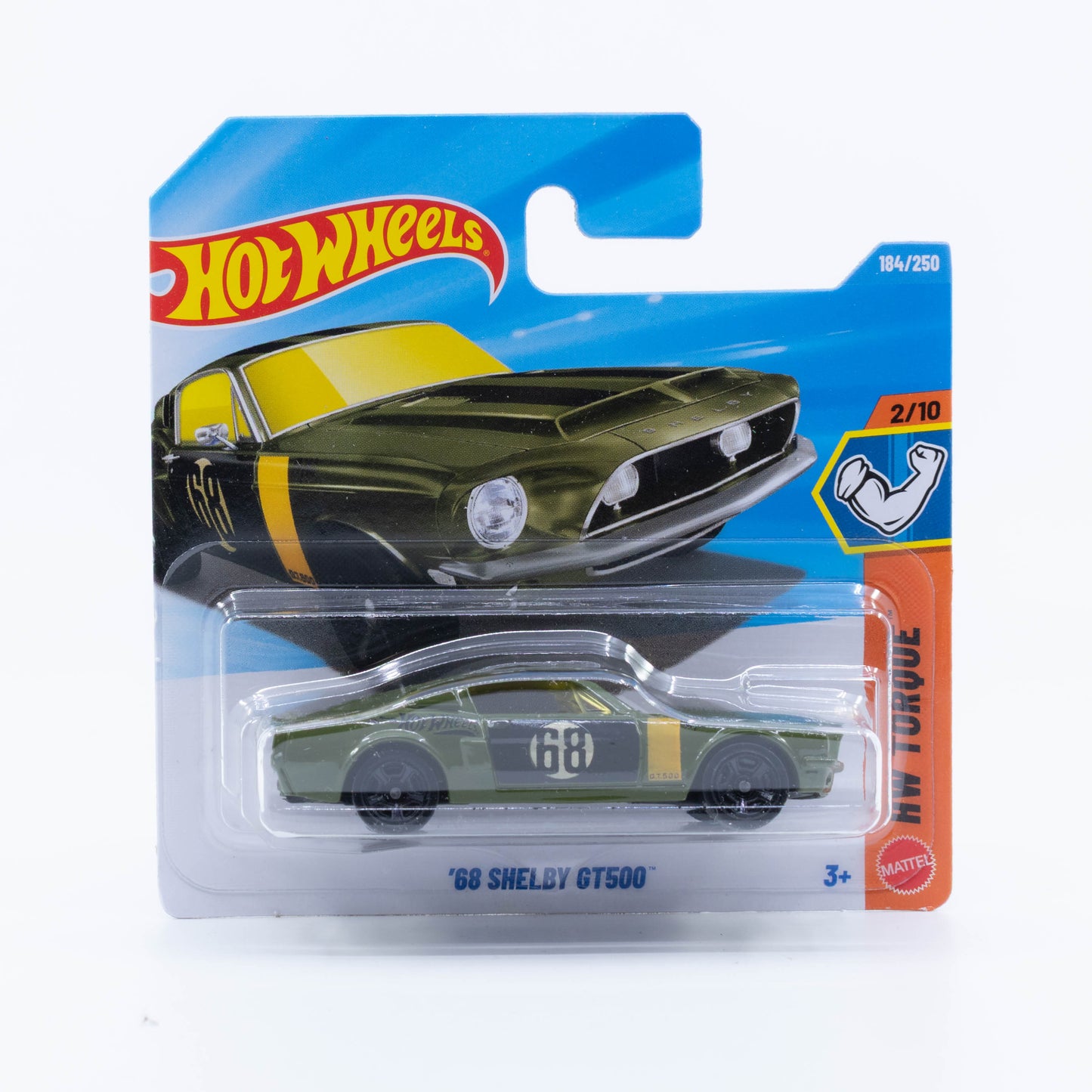 Hot Wheels 1968 Shelby GT500 in dark green with black and yellow racing graphics.