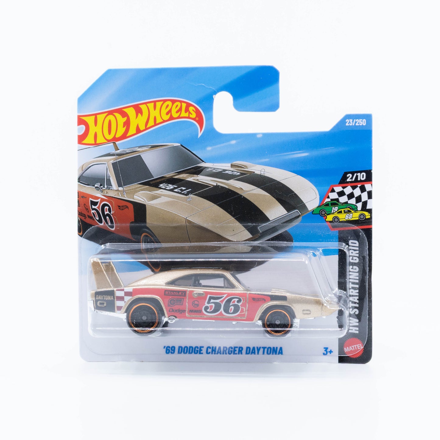 Hot Wheels 1:64 ’69 Dodge Charger Daytona gold racing livery classic aero muscle car.