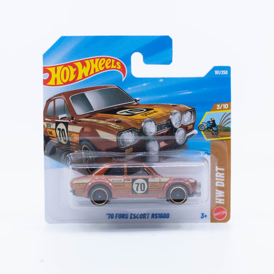 Hot Wheels 1970 Ford Escort RS1600 in a brown rally-inspired livery.