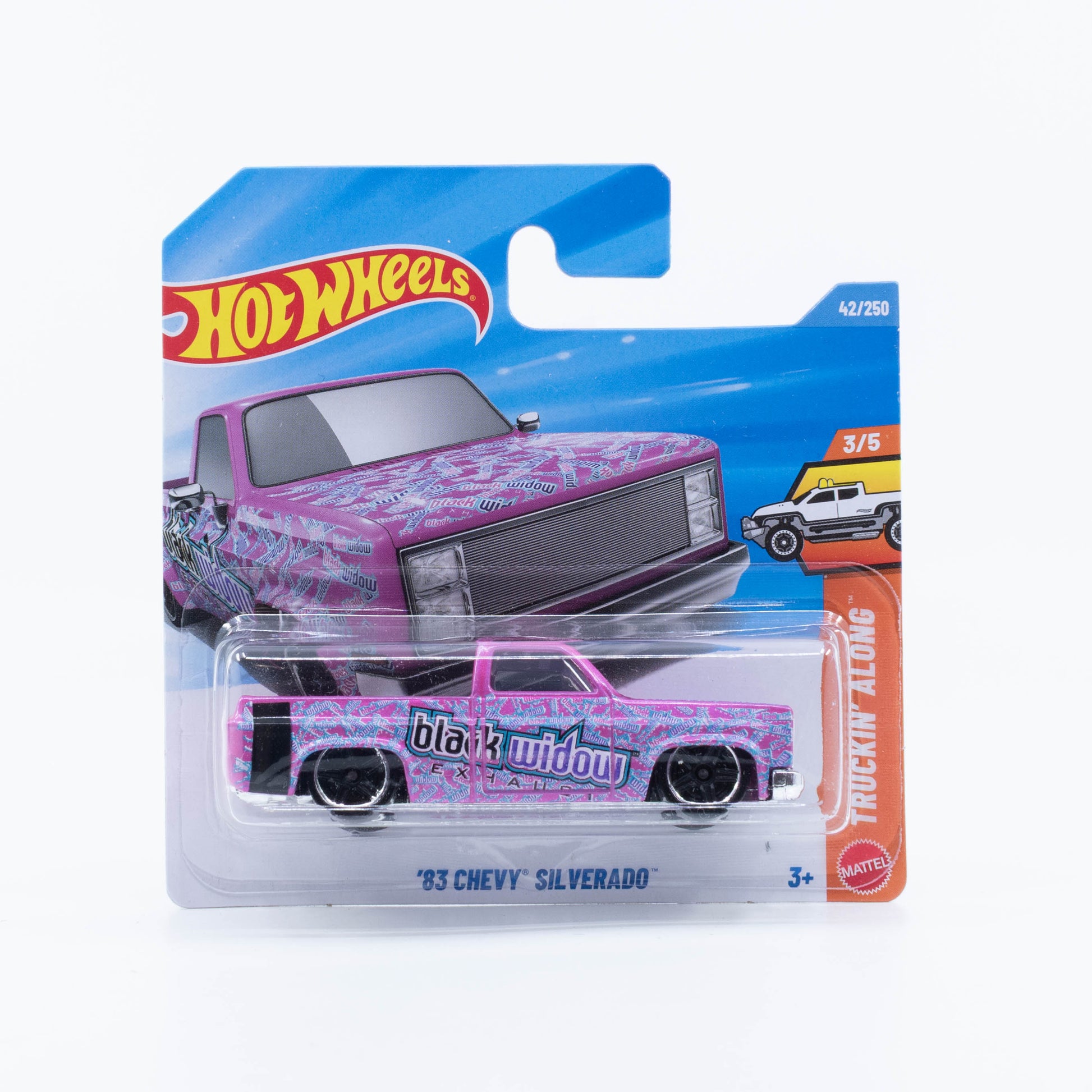 Hot Wheels '83 Chevy Silverado with Blackwidow sponsor livery.