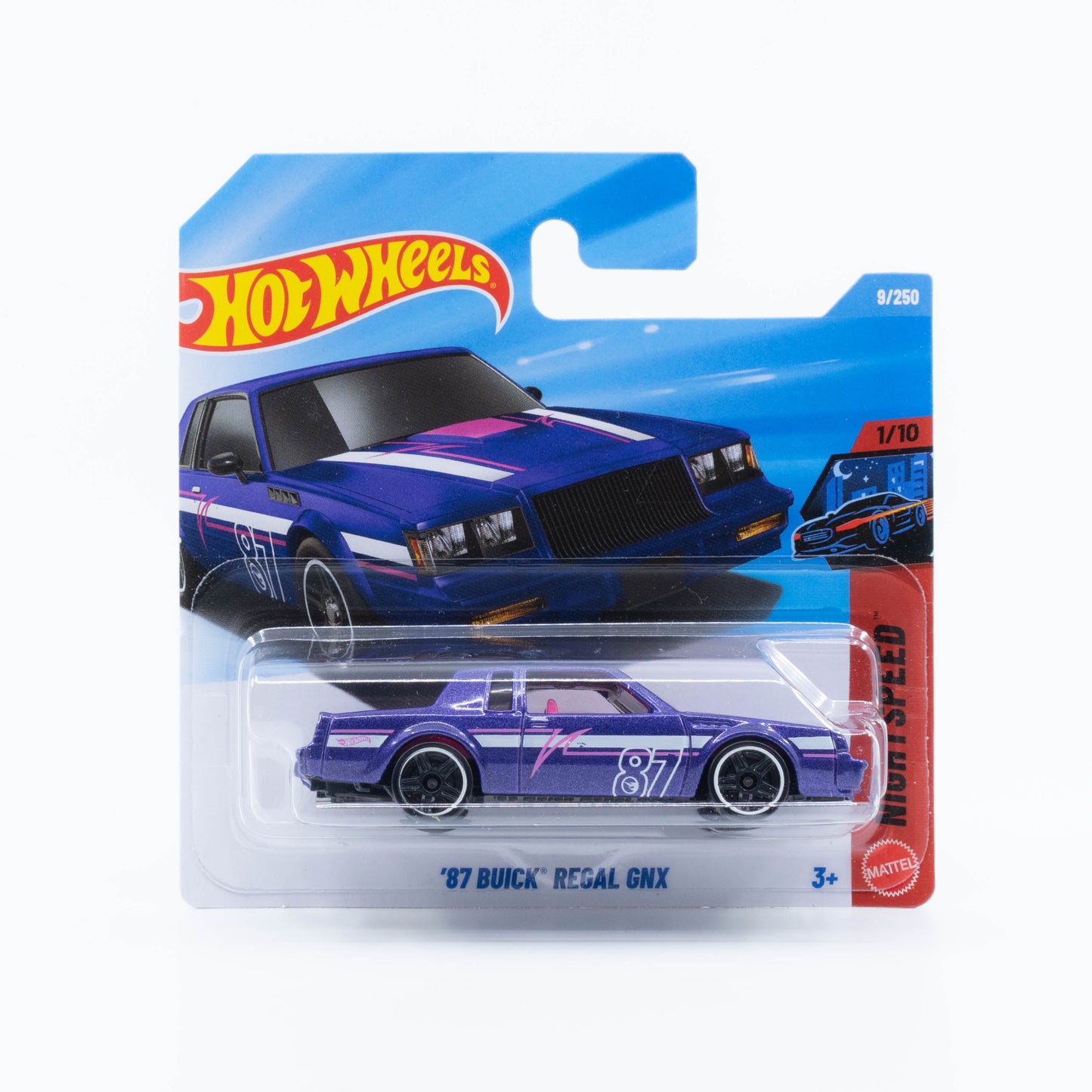 Hot Wheels 1:64 ’87 Buick Regal GNX Regular Treasure Hunt purple racing livery die-cast model.
