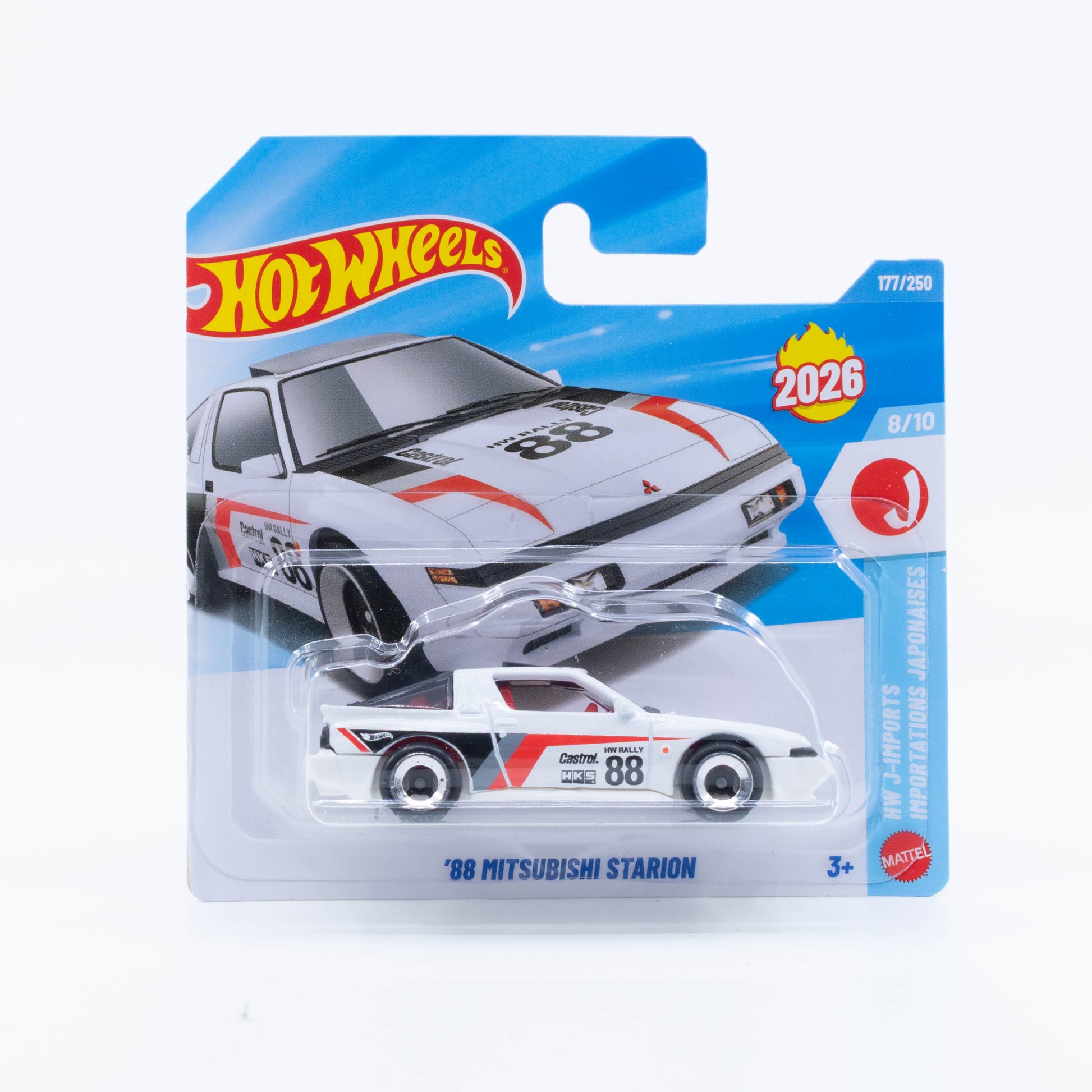 Hot Wheels 1988 Mitsubishi Starion in a white rally-inspired livery from the 2026 Basic Line.