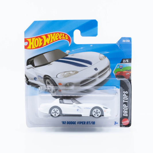 Hot Wheels 1:64 ’92 Dodge Viper RT/10 white with blue racing stripes die-cast model.