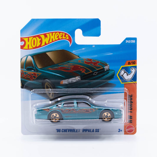 Hot Wheels 1996 Chevrolet Impala SS with muscular 1990s American sedan styling in detailed 1:64 scale.