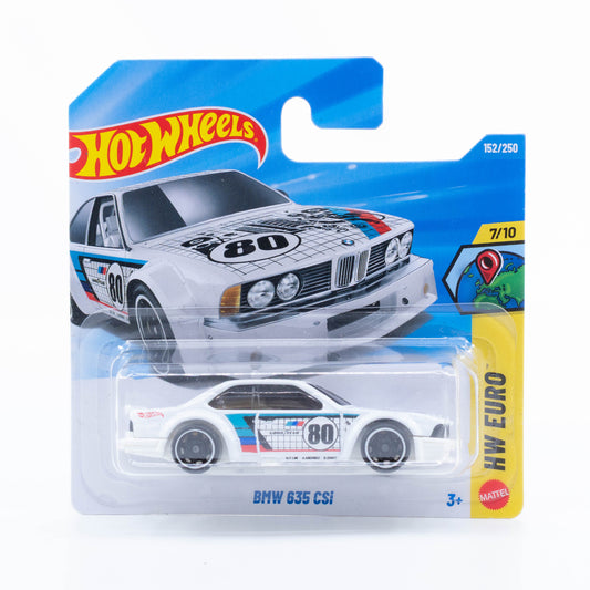 Hot Wheels BMW 635 CSi white diecast model, front angle view