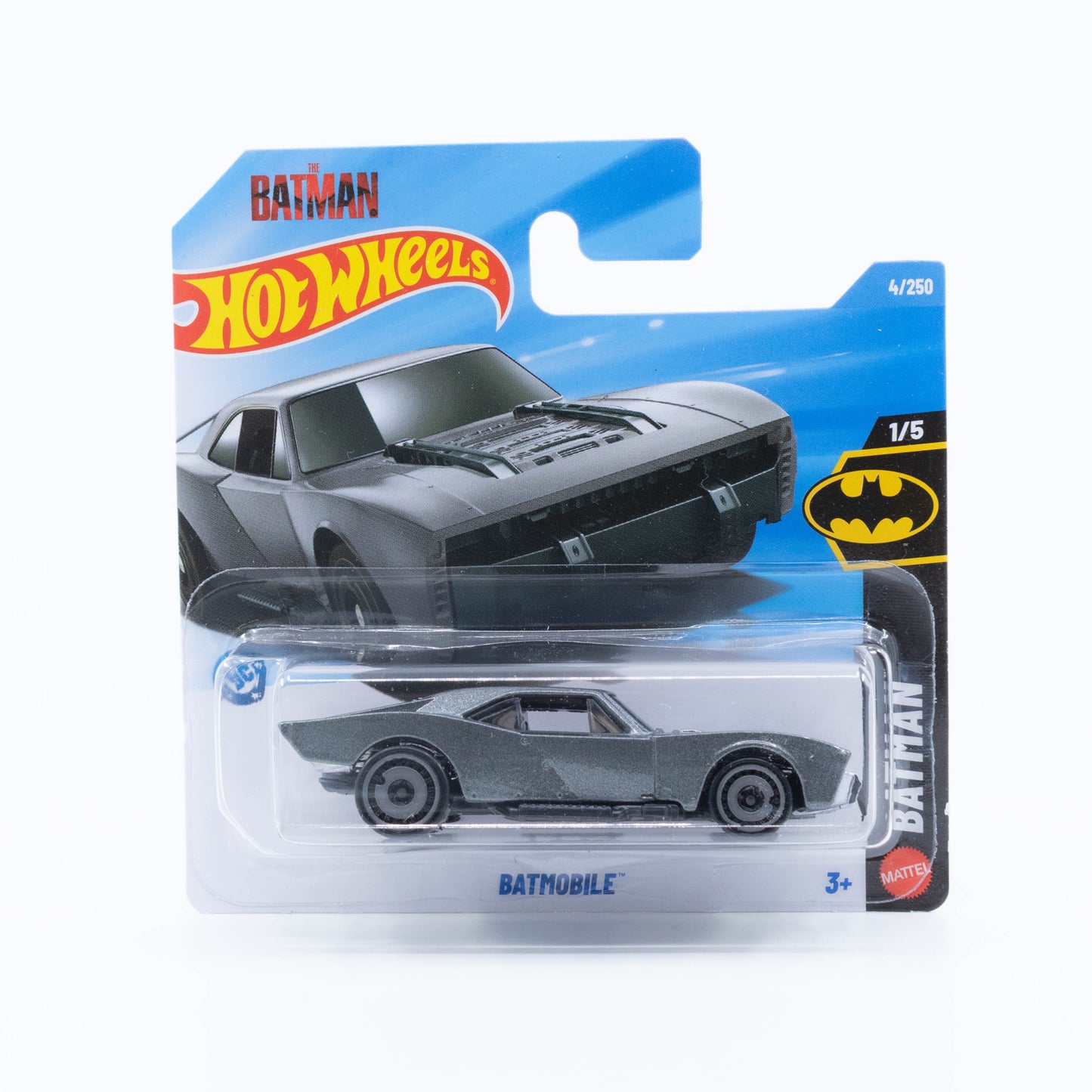 Hot Wheels 1:64 Batmobile from The Batman 2022 movie in dark grey livery.