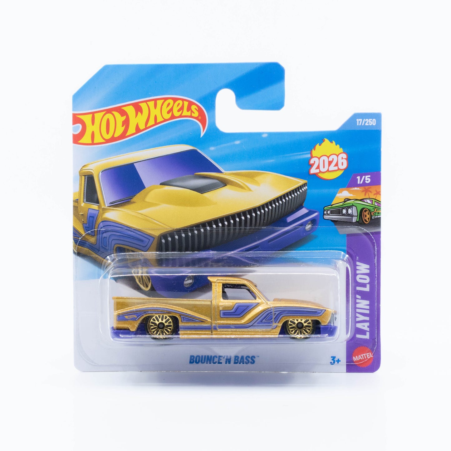 Hot Wheels 1:64 Bounce’N Bass gold and purple lowrider-inspired compact pickup die-cast model.