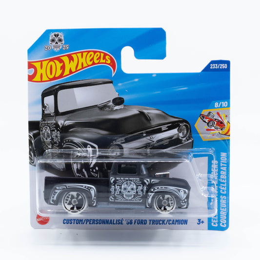 Hot Wheels Custom ’56 Ford Truck diecast model in 1:64 scale with custom paint and lowered stance