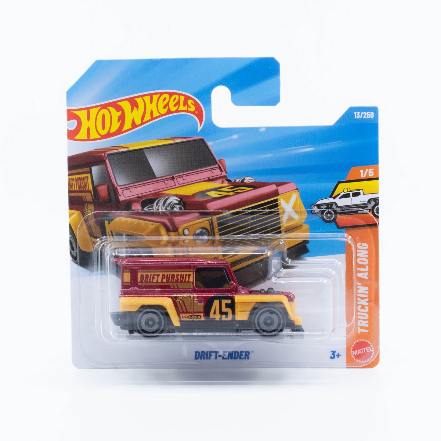 Hot Wheels 1:64 Drift-Ender cherry red and yellow drift-inspired fantasy off-road car.